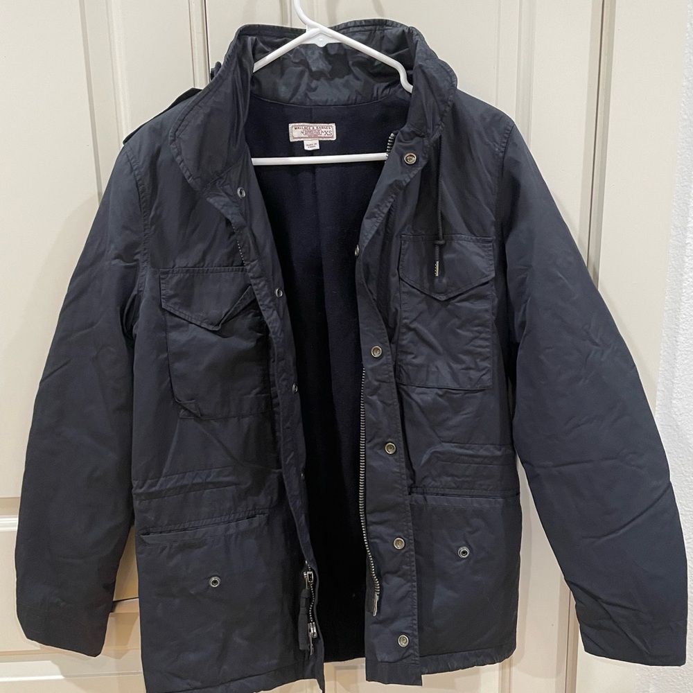 Wallace & Barnes Utility Jacket Mens XS Hidden Hood Fleece Lined J Crew Bomber